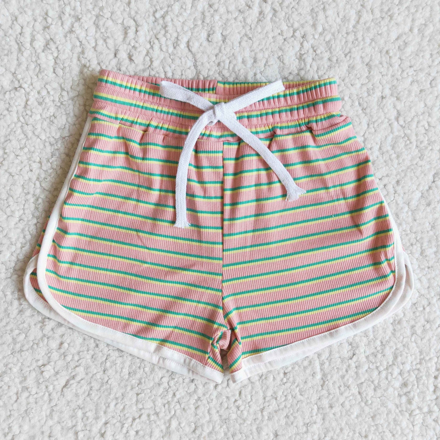 girls pink yellow green stripes summer cotton shorts
