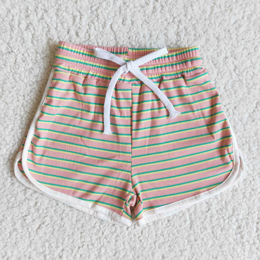 girls pink yellow green stripes summer cotton shorts