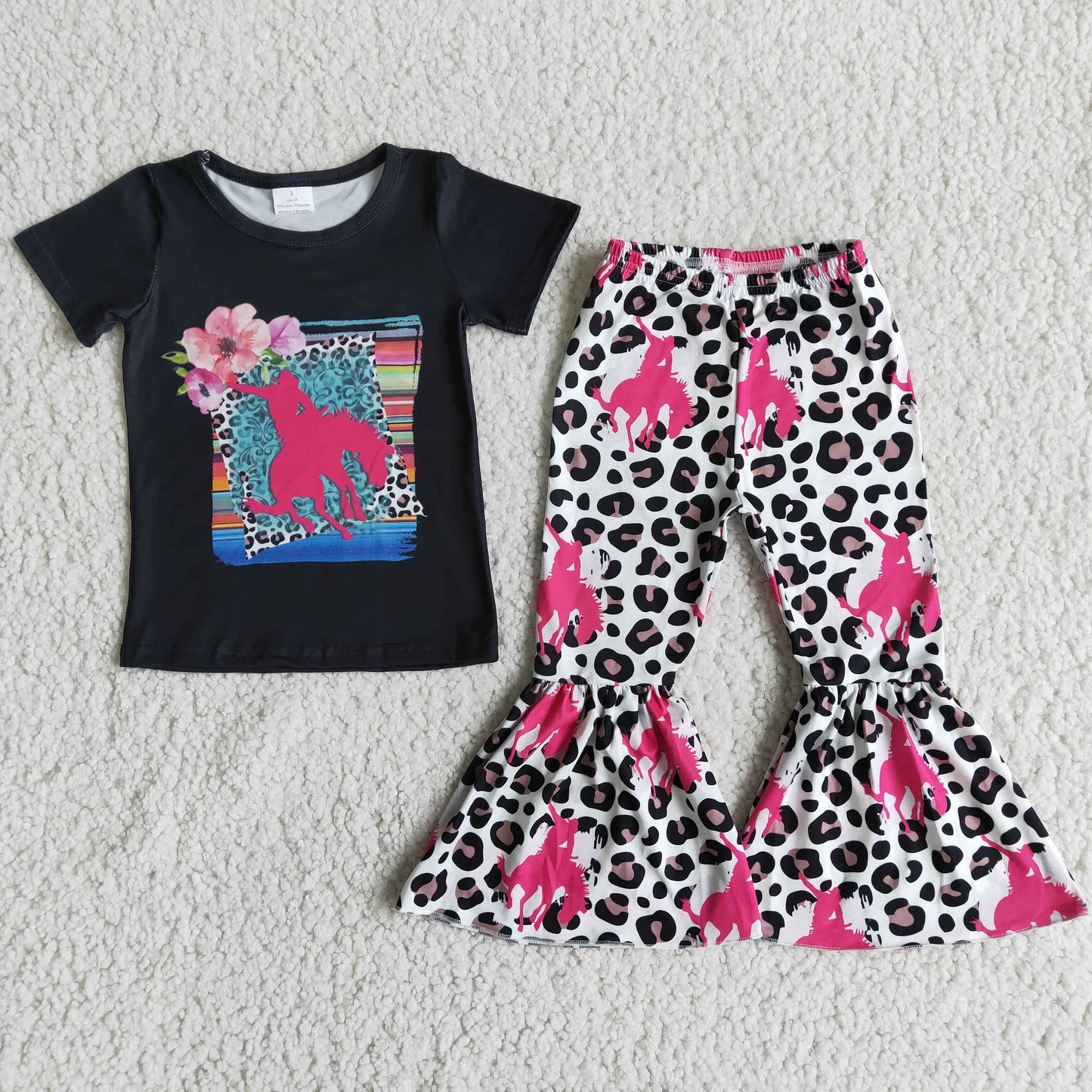 baby girls black flower top leopard bell pants outfits cowboy