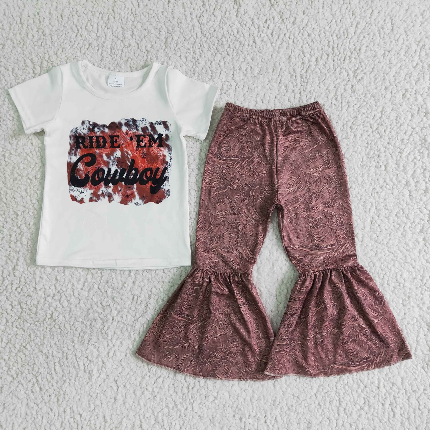 hot sale baby girls white tee cowboy letter top bell pants outfits  B15-28
