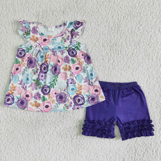 baby girls floral top purple solid cotton shorts summer outfit  B17-27