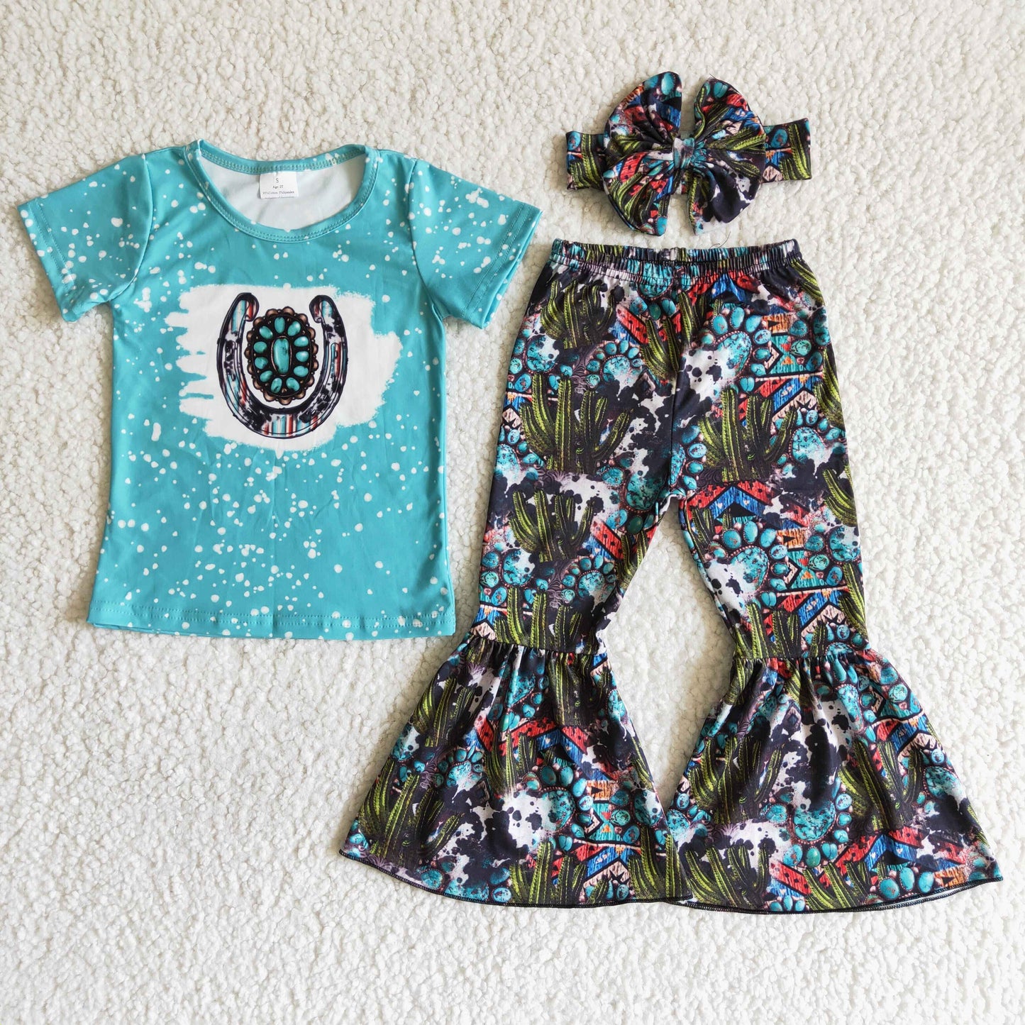 Infant girls baby girls turquoise design 2pcs bell bottom pants outfit C1-25