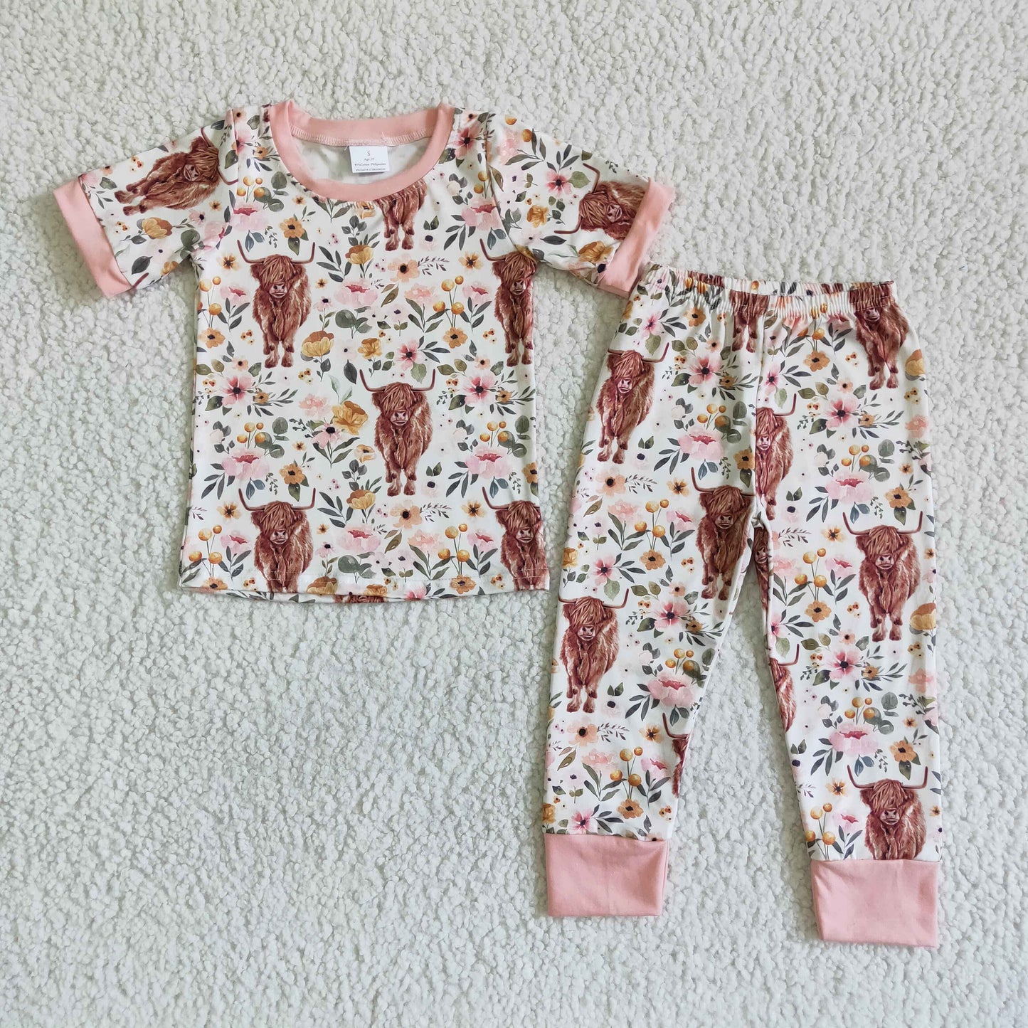 Baby girls short sleeve Highland cows print pajama set C2-14