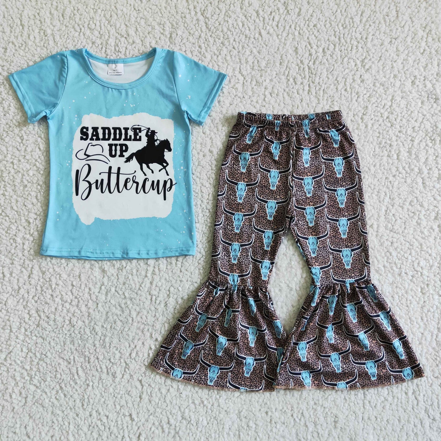 Baby girls blue bleach letter printed top heifer print pants outfit C5-27