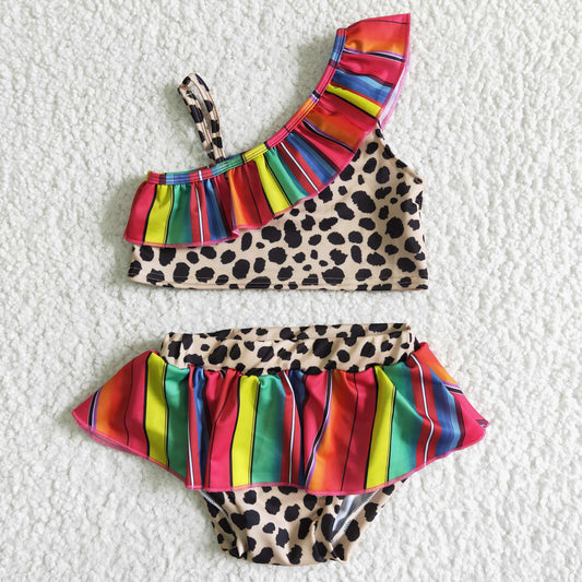 Infant baby girls leopard print rainbow ruffle summer bathing suit kids swimwear S0001