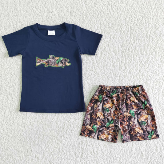 Boys embroidery camo fish short sleeve top matching short outfit BSS00010