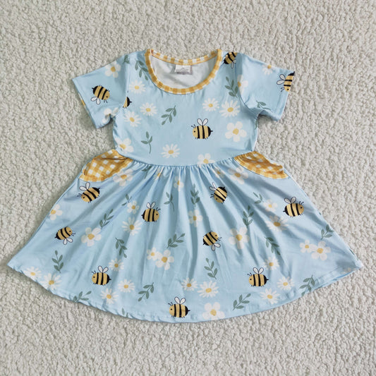 Baby girls bee print short sleeve summer dress kids pocket dress GSD0021