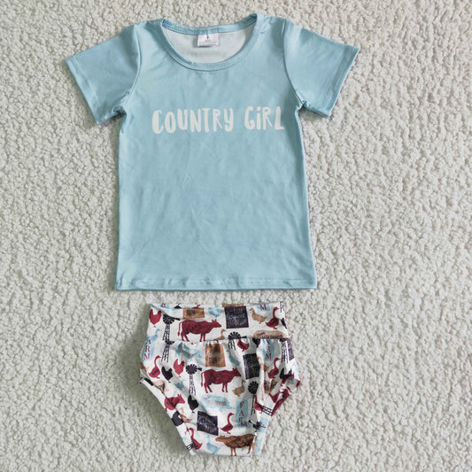 Country Girl letter print infant baby short sleeve summer bummie set with headband GBO0004