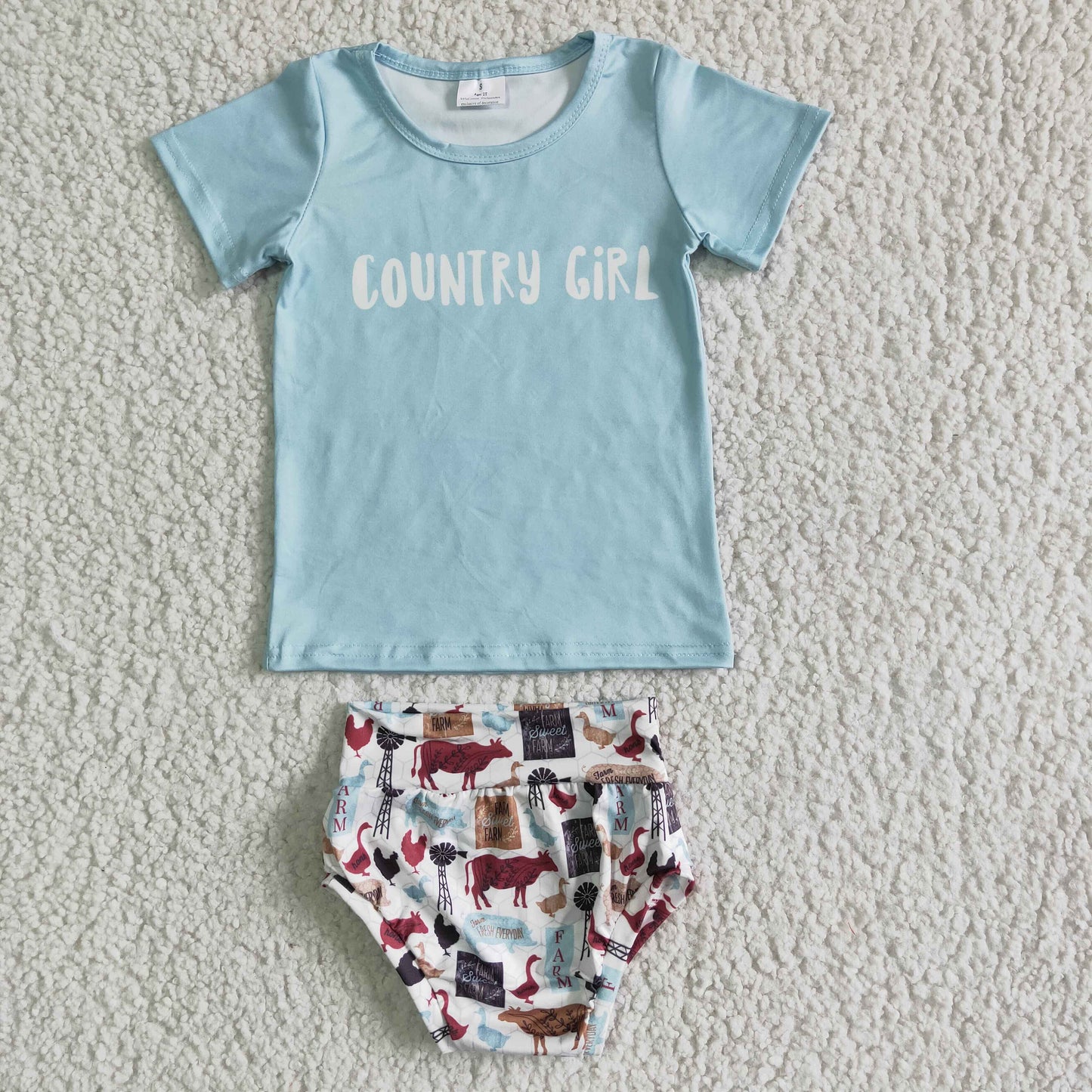 Country Girl letter print infant baby short sleeve summer bummie set with headband GBO0004