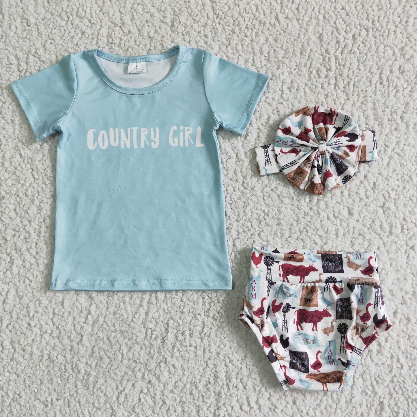 Country Girl letter print infant baby short sleeve summer bummie set with headband GBO0004