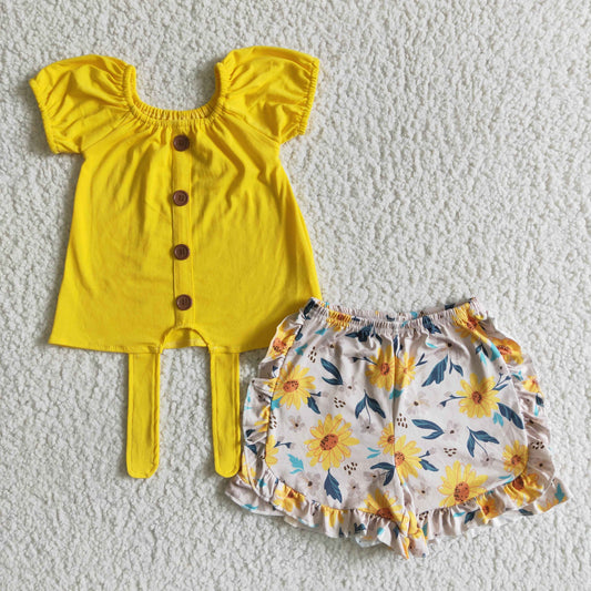 children girls yellow solid cotton top floral shorts 2pcs clothing GSSO0035