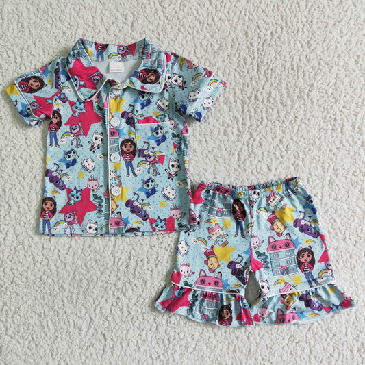 Kids girls Cartoon design short sleeve spring summer 2pcs pajama sets GSSO0014