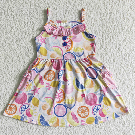 Children girls sleeveless lemon print summer dress kids summer dress GSD0026