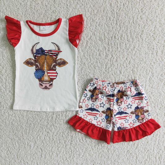 Baby girls cow design July 4th summer outfit kids clothes rts no moq GSSO0046
