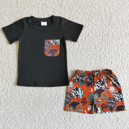 Boys short sleeve pocket top cactus print shorts 2pcs outfit