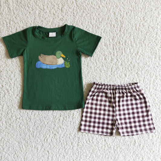 Boys embroidery teal duck summer short outfits