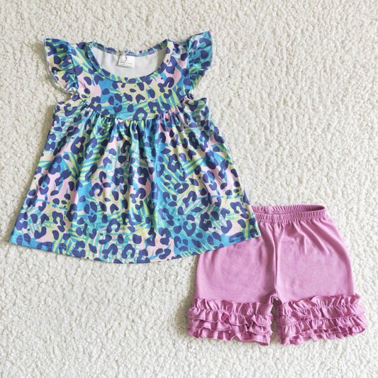 Baby girls blue leopard tunic top ruffle shorts 2pcs clothing set