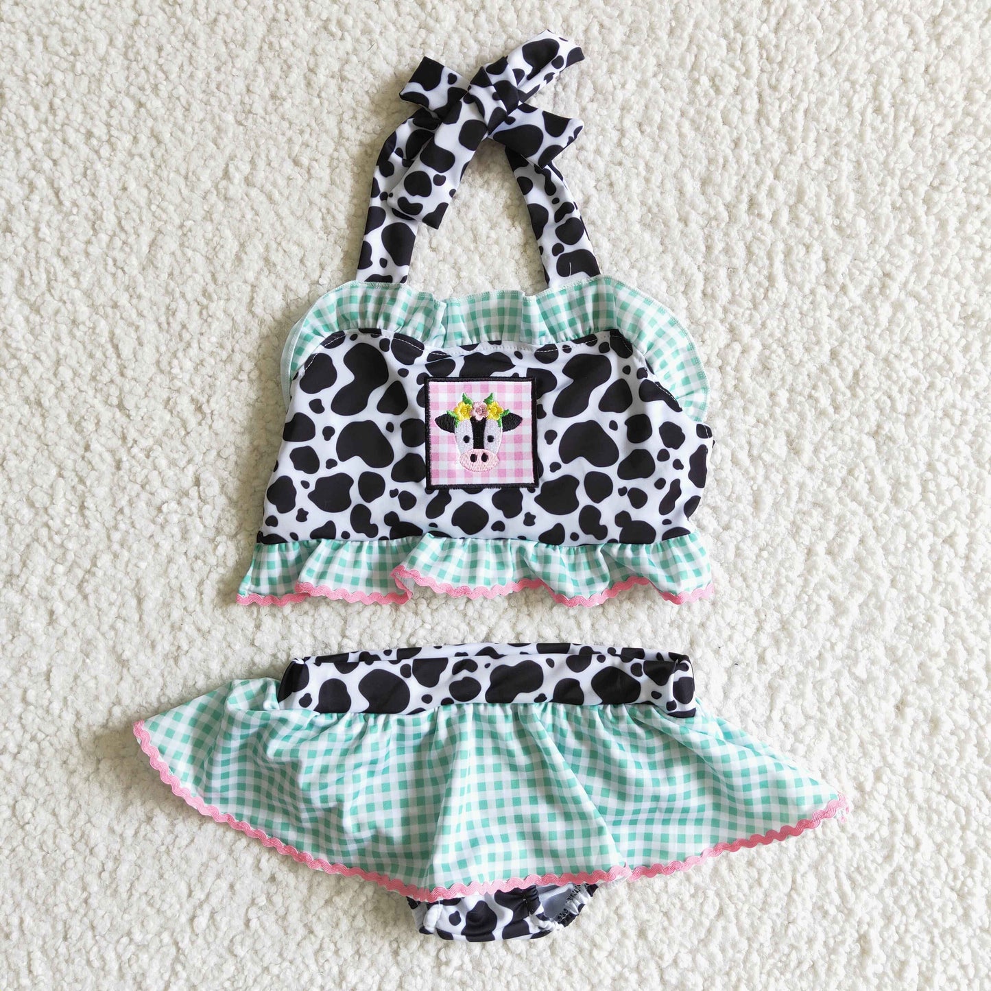 Girls embroidery design cow 2pcs bathing suit