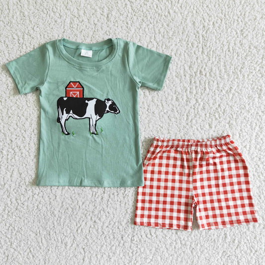 Boys embroidery cow short sleeve top red plaid shorts 2pcs outfit