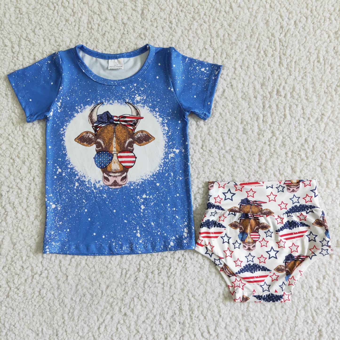 Baby girls cow design July 4th bummie set