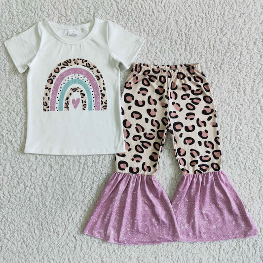 children girls rainbow print shorts sleeve top leopard pants outfit