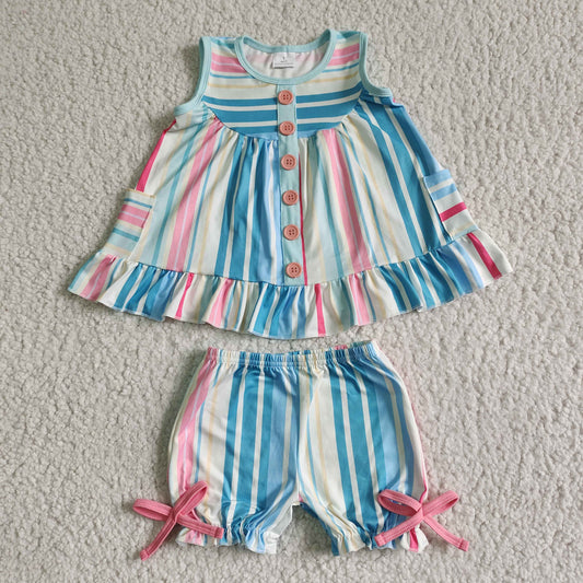 kids girls blue stripes pocket top shorts 2pcs summer outfit