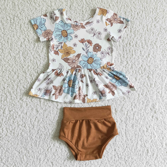 Infant toddle girls flower tunic top brown bummies outfit