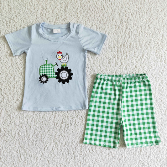 Boy embroidery tractor short sleeve top green plaid shorts 2pcs outfit