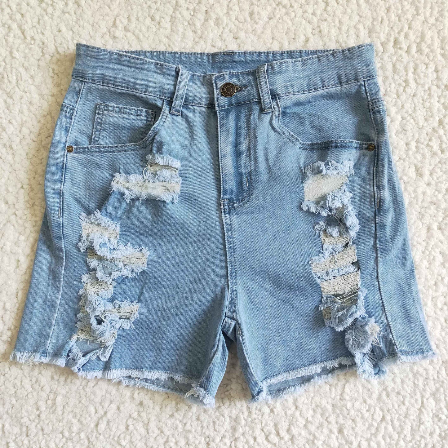 Adult distressed denim shorts