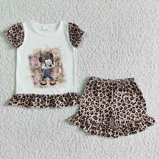Baby leopard sleeve cartoon top ruffle shorts outfit