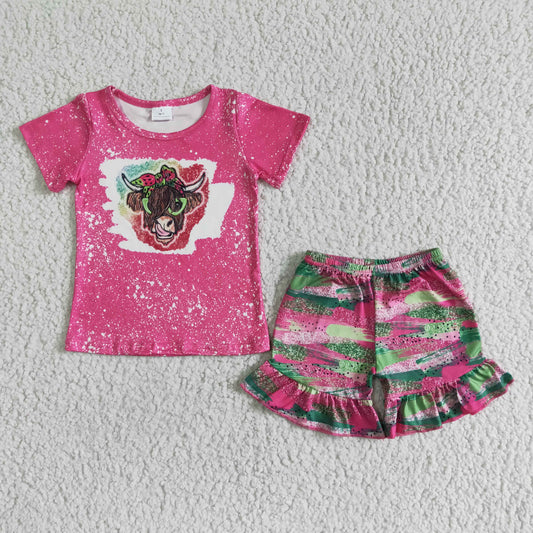 Baby highland cow short sleeve top ruffle shorts outfit