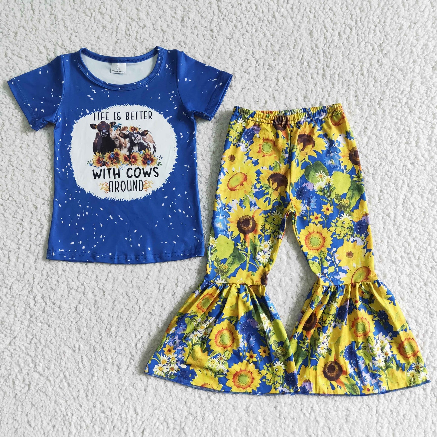 kids girls short sleeve cow top bell bottom pants outfit