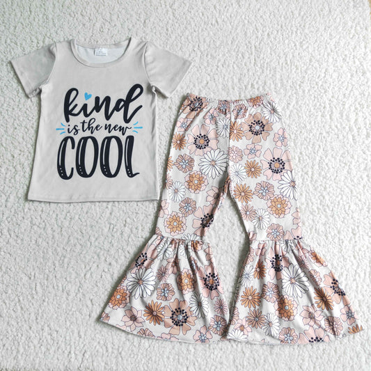 Hot sale baby girls kids letter print top flower bell pants outfit