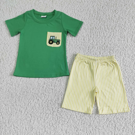 Tractor print pocket green top yellow stripes shorts 2pcs outfit