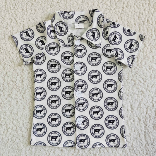 boys cow print button up summer shirt