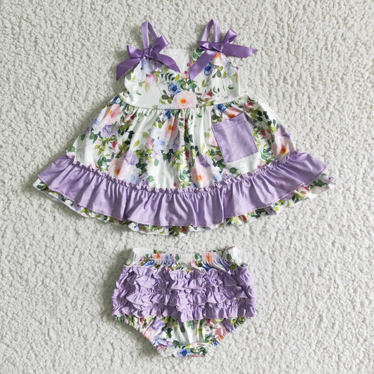 Floral print solid lavender swing top bummies set