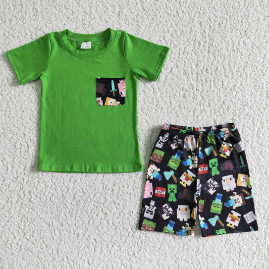 baby boy green top cartoon shorts 2pcs outfit