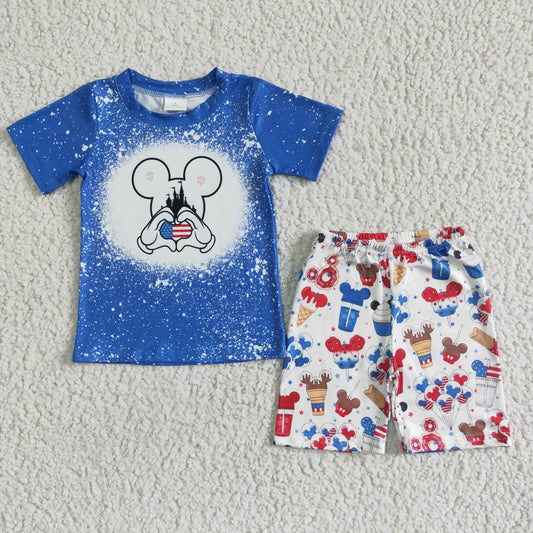 boys blue cartoon top matching shorts July 4th outfit