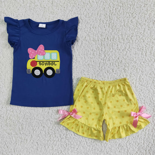back to school bus flutter sleeve top yellow dots shorts outfit