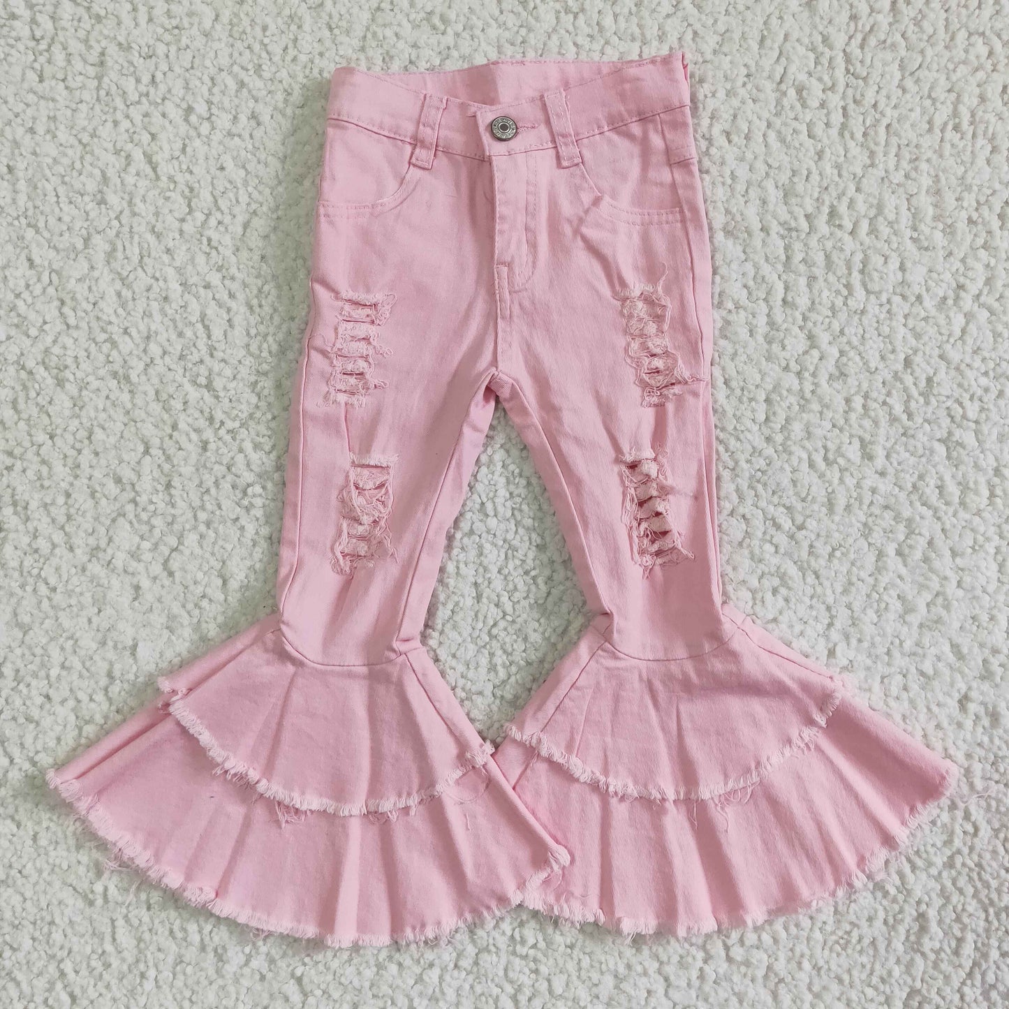 Light pink distressed double ruffle denim pants