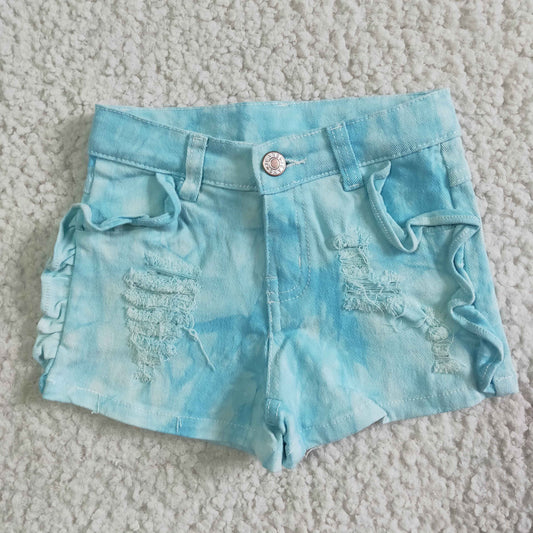 Turquoise distressed denim shorts