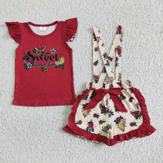 Sweet girls fruits print suspender 2pcs outfit