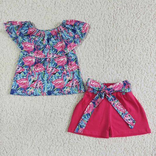 Flamingo top hot pink shorts 2pcs summer outfit