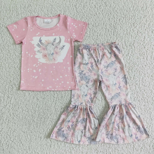 Infant baby girls pink top cow bell pants summer outfit