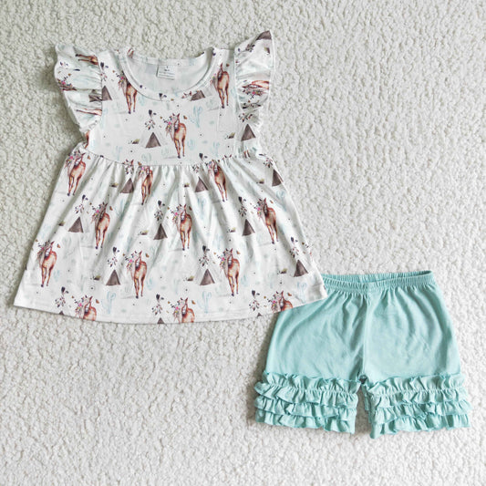 Floral horse flutter sleeve top ruffle shorts outfit