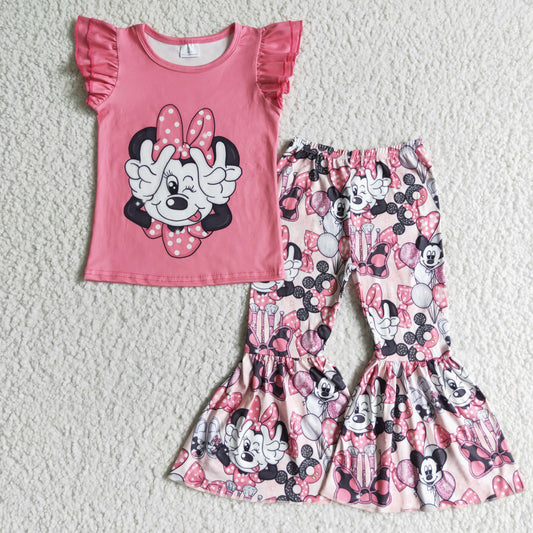 infant girls baby flutter sleeve cartoon top bell bottom pants outfit