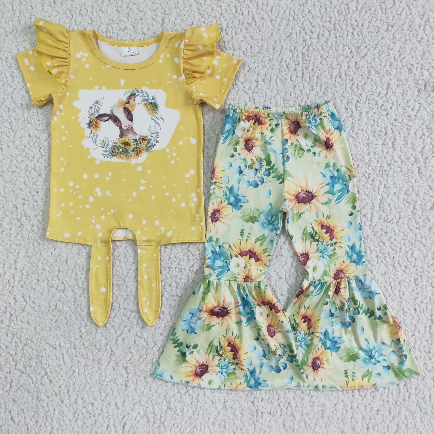 girls short sleeve cow top sunflower pants outfit