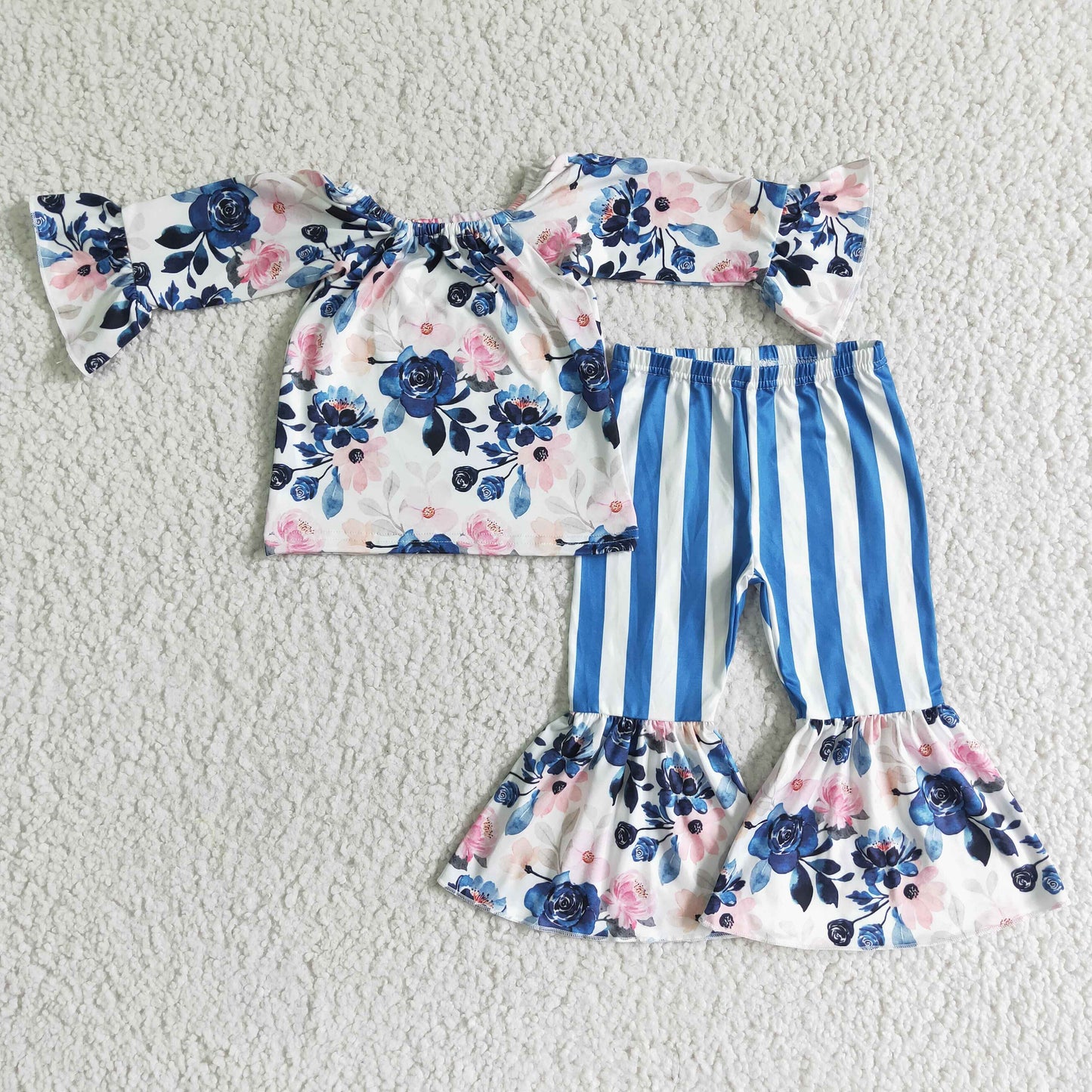 blue floral top stripes bell bottom pants spring summer outfit