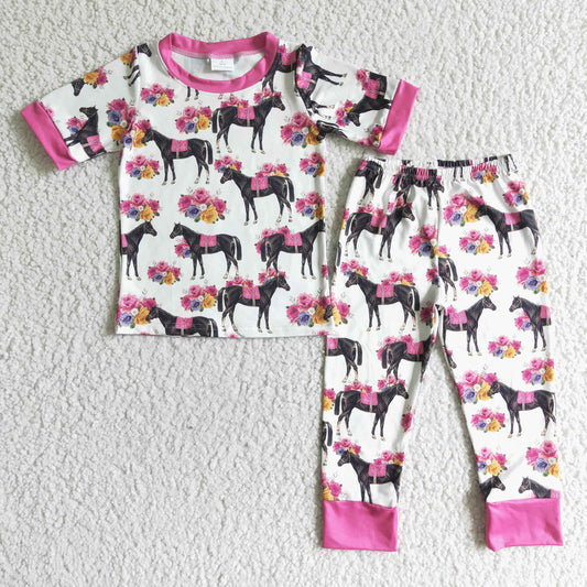 girl short sleeve horse flower pajama set