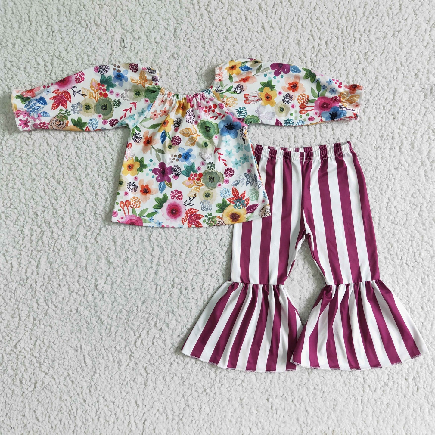 Long sleeve floral top straps bell pants 2pcs spring fall outfit